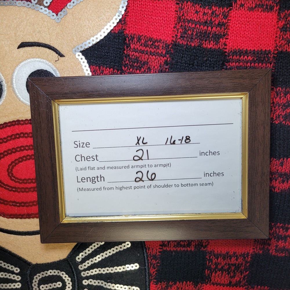 Holiday Time Reindeer Buffalo Plaid Christmas Sweater XL 16-18 Red Black Sequin‎ - Picture 6 of 6